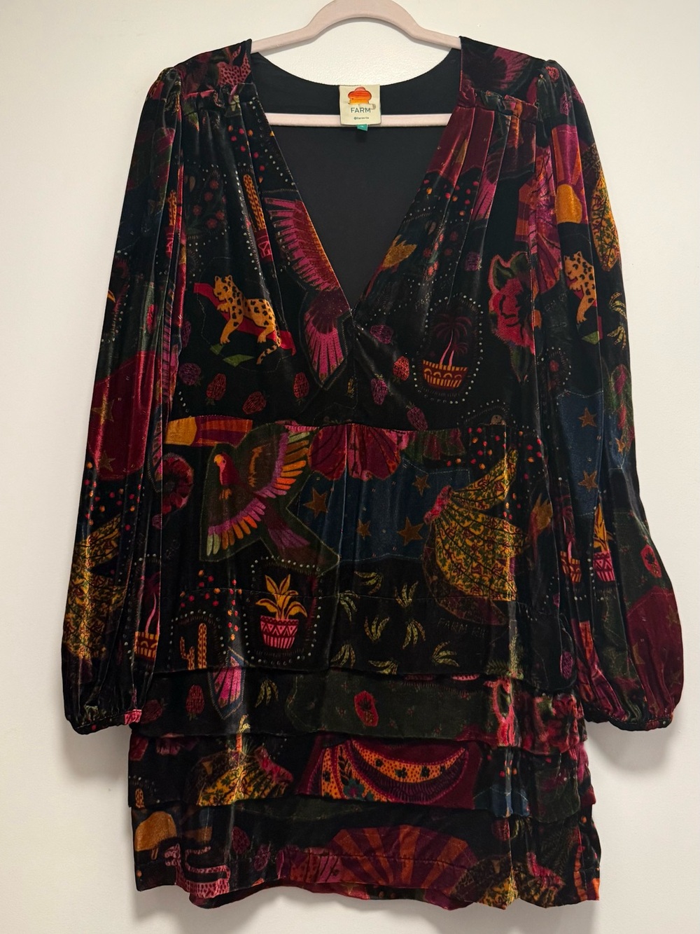 Farm Rio Velvet Paisley Floral V-Neck Long Sleeve mini dress - Black/Multi